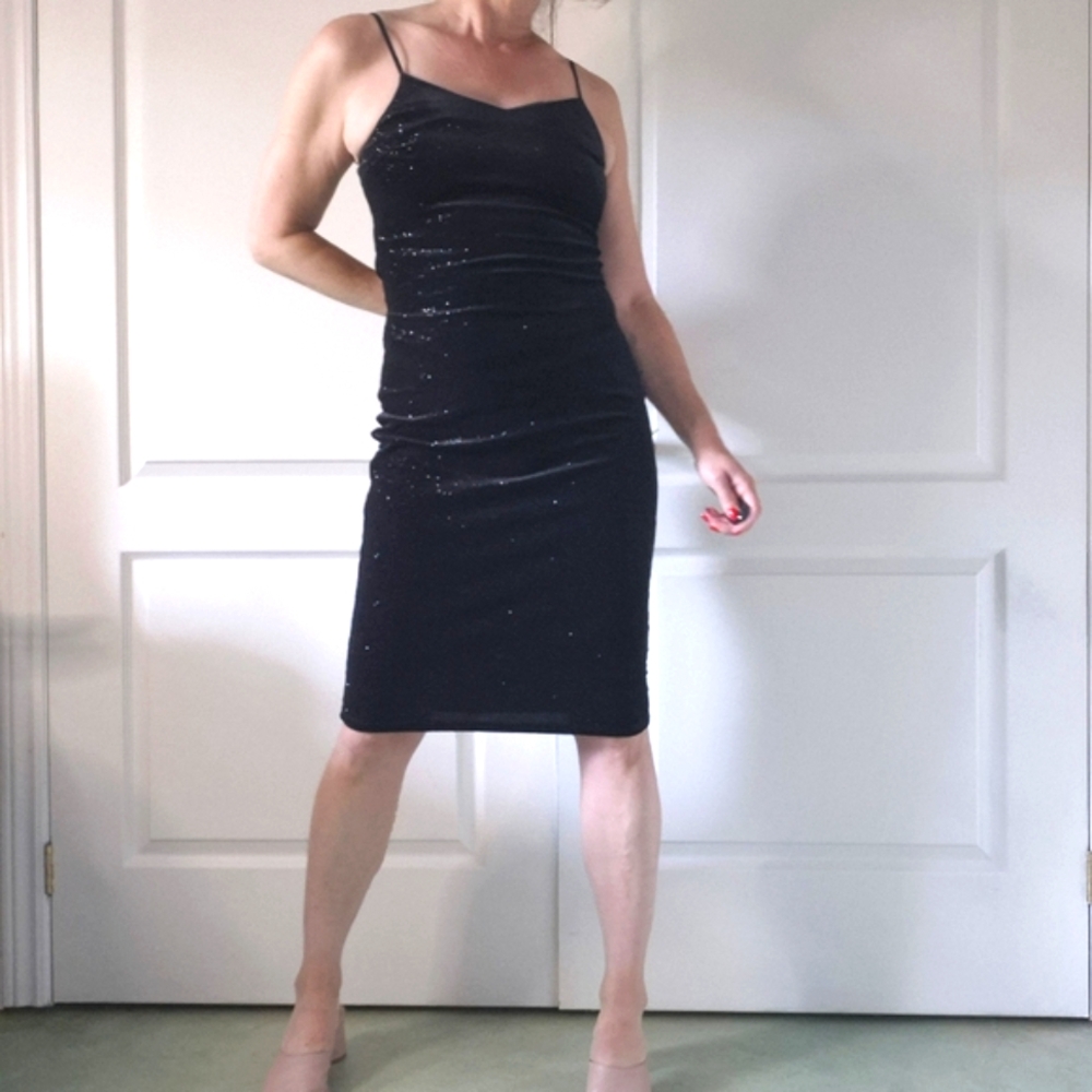 Sparkly Body-Con Spaghetti Strap Little Black Dress | Size M
